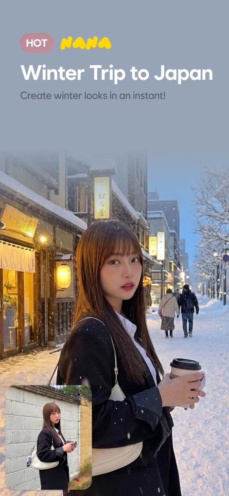 nana AI - Users can instantly apply specific scene compositions, like a "Winter Trip to Japan" theme, to their photos for stunning transformations.