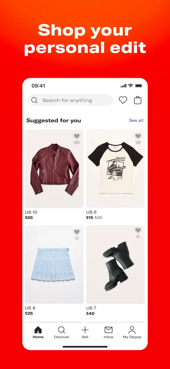 L'interface de l'application Depop affiche une section de promotions proposant une sélection de vêtements tendance, comme une robe, un bob et des lunettes de soleil.
