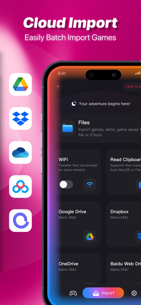 Manic EMU - Game Emulator - Users can effortlessly import game ROMs via multiple cloud service integrations or directly from local files, ensuring a streamlined setup.
