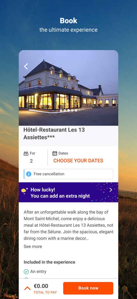 Smartbox® - The app presents comprehensive details for an experience like 'Hôtel-Restaurant Les 13 Assiettes***' and provides clear calls to action to 'CHOOSE YOUR DATES' and 'Book now'.