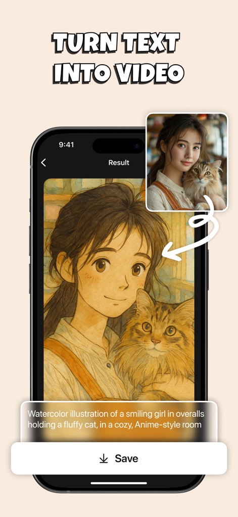 Pika Art - AI Video Effects - Os usuários podem converter texto em vídeo ou imagem, como visto na ilustração gerada por IA de uma garota com um gato, onde a criação de cenas detalhadas a partir de descrições é evidente.