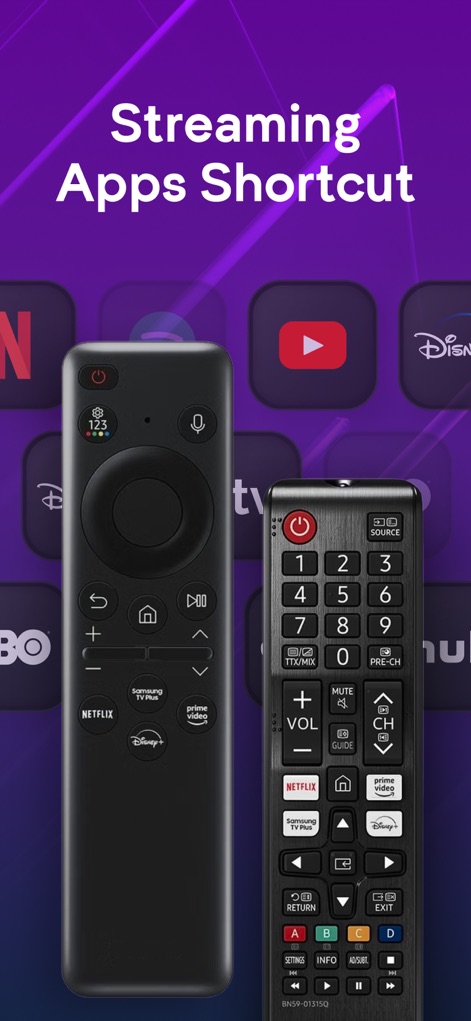 Remote for Samsung TV Smart - Explore a variedade de logos de aplicativos de streaming populares e compare a modernidade do controle do aplicativo com os modelos de controles remotos físicos tradicionais, destacando a conveniência digital.