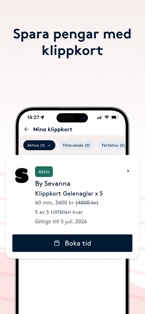 Bokadirekt: Skönhet & Hälsa - This feature allows users to track their active loyalty cards, detailing remaining sessions and expiration dates for efficient use.