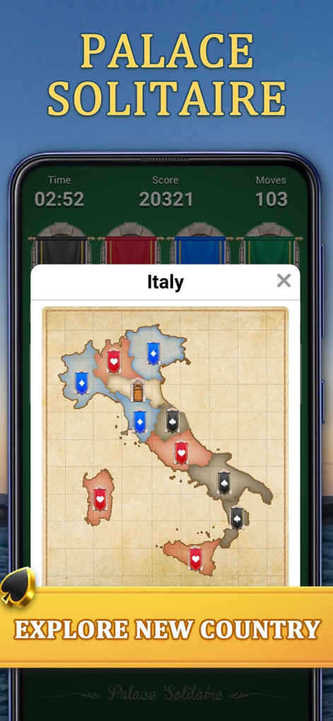 Palace Solitaire: Card Game - Explore an interactive world map, featuring regional card-based challenges and tracking overall game progress.