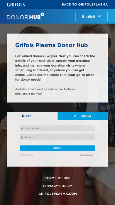 Grifols Plasma Donor Hub Screenshot