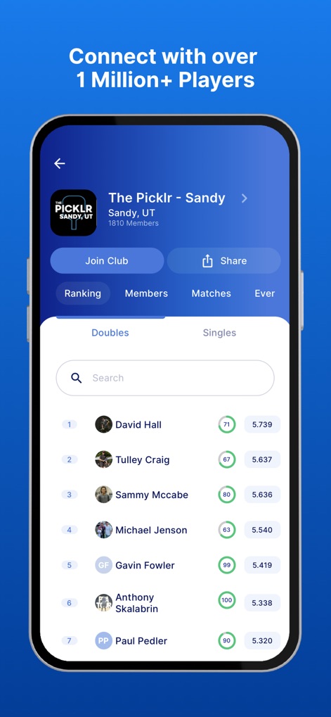 DUPR - This tool allows users to explore club profiles, featuring member counts and detailed player rankings with their respective DUPR scores.