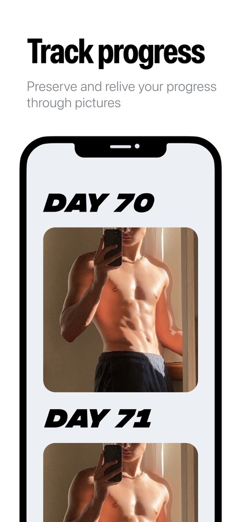 75 Days Challenge Tough & Soft - Per documentare il percorso, l'app permette agli utenti di "Track progress" visivamente attraverso una galleria di immagini, mostrando chiaramente la trasformazione fisica tra il "DAY 70" e il "DAY 71".