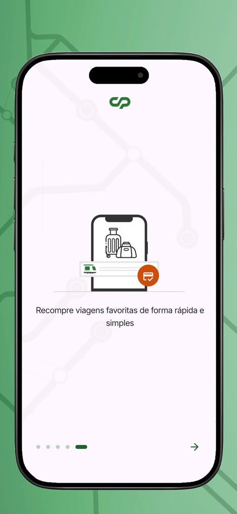 Comboios de Portugal - Cet écran d'accueil engageant met en scène l'illustration intuitive de bagages et un message clair pour racheter les voyages favoris rapidement et simplement.