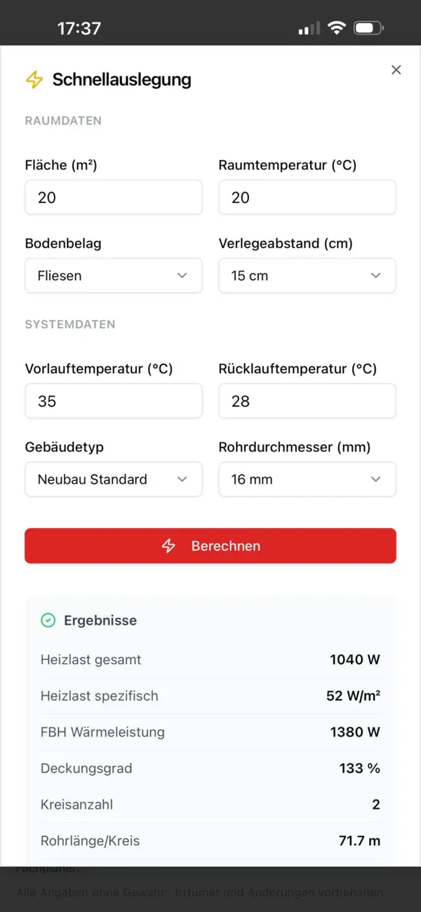 Screenshot #2 pour Fußbodenheizung Auslegung