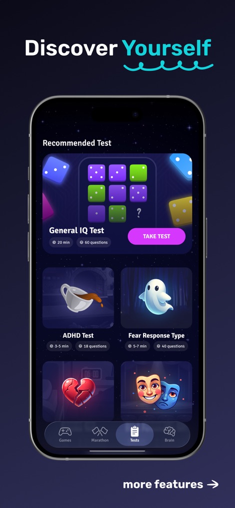 Clever: Brain Training Games - The app provides comprehensive cognitive assessment tests like the General IQ Test, alongside diverse test categories to help users understand their mental strengths.
