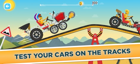 Racing Car Game for Kids 3 - 6 - Los coches construidos por los usuarios son puestos a prueba en un emocionante entorno de pista de pruebas, donde se aprecia un accesorio de sierra en acción.