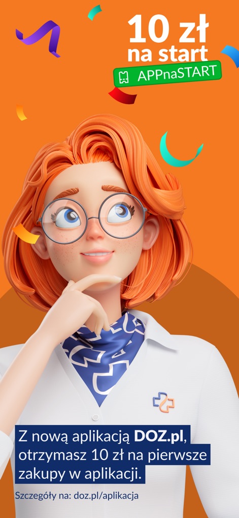 DOZ.pl - The app introduces new users to an exciting welcome bonus of 10 zł and prominently features a friendly pharmaceutical character.