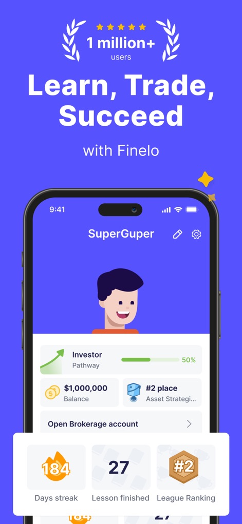 Finelo: Master Trading - View the personalized 'Investor Pathway' dashboard, displaying a user's 'Days streak' and completed lessons for a comprehensive overview of their journey.