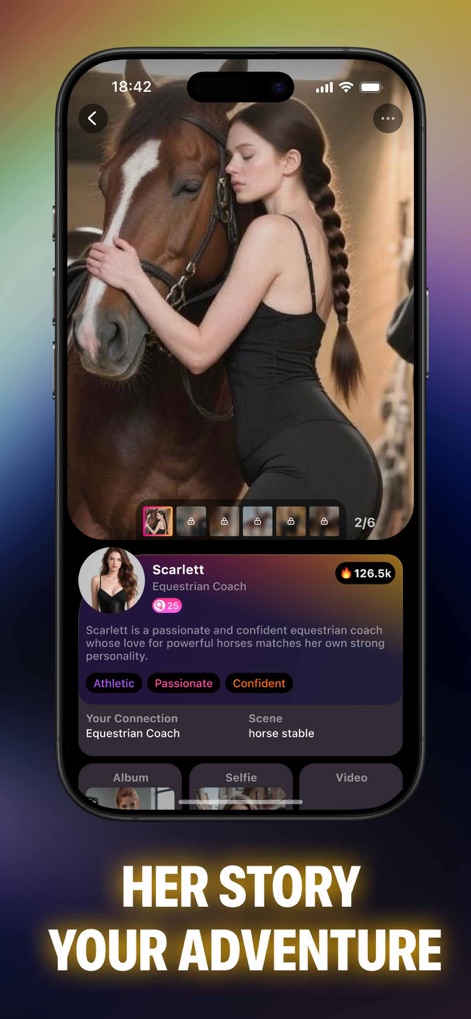 Roleplay Chat AI, Fantasy: Cha - Esta herramienta permite explorar un perfil detallado del personaje con una imagen destacada y una descripción, incluyendo etiquetas de personalidad y opciones de medios como álbum, selfie y video para una inmersión completa.