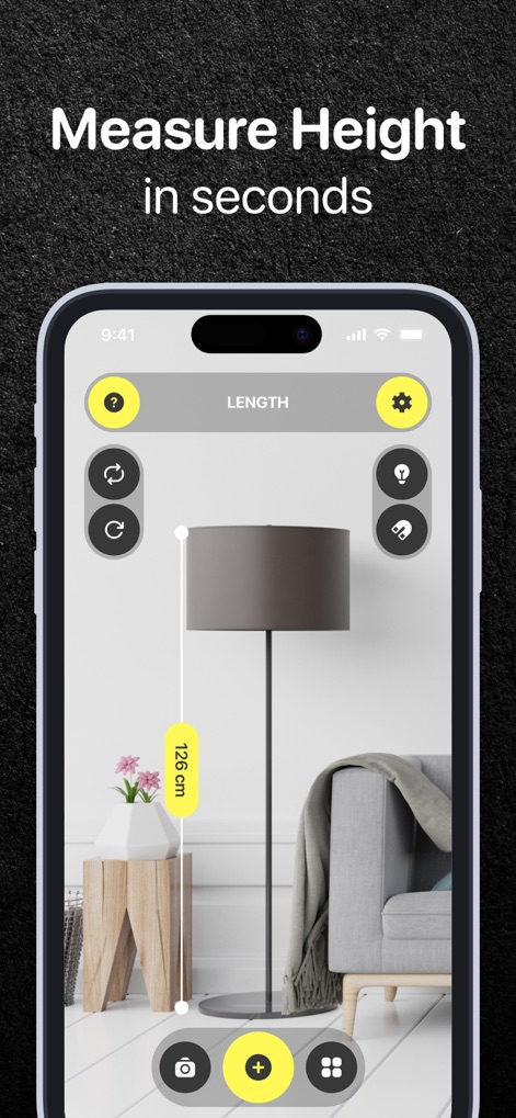 Tape Measure & Ruler Арр - The app allows for quick height measurements, visually displaying the measured '126 cm' with a clear dotted line indicating the measured span.