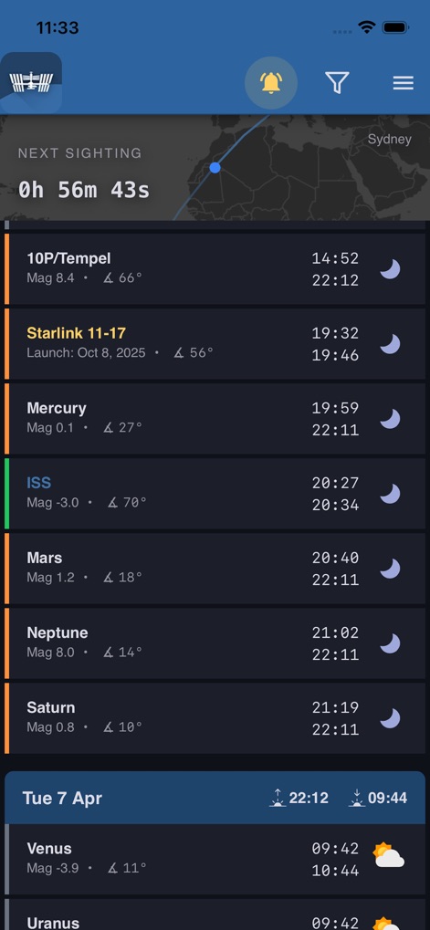 ISS Detector - Beyond satellites, the app facilitates tracking of various celestial phenomena, including Starlink trains and visible planets such as Mercury and Saturn.