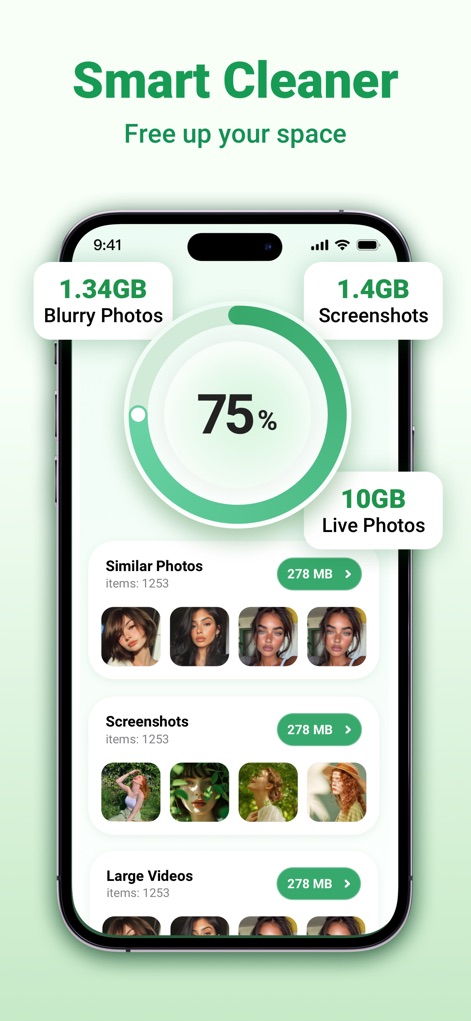 Smart Cleaner - Pro Security - The app provides a clear overview of storage allocation, identifying specific categories like blurry photos and large videos for efficient cleanup.