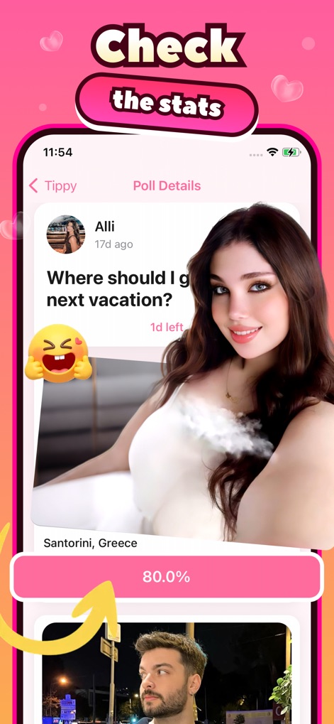 Tippy - Social - Aqui, o aplicativo exibe os resultados detalhados de uma enquete, destacando a 'porcentagem de 80.0%' dos votos computados e as diferentes 'opções de votação' apresentadas aos usuários.