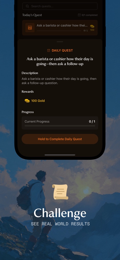 Gleam: Social Intelligence - This tool motivates users through daily quests, such as 'Ask a barista or cashier how their day is going', offering tangible rewards like '100 Gold' upon completion.