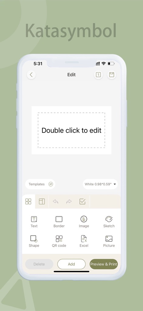 Katasymbol - Discover the flexible 'Double click to edit' area for custom content and a comprehensive set of 'Text' and 'Image' editing tools for personalized label creation.