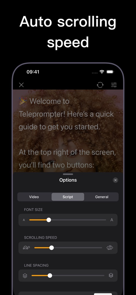 Teleprompter App for Video - Control the adaptive scrolling speed with a dedicated slider and easily adjust the font size to suit reading preferences.