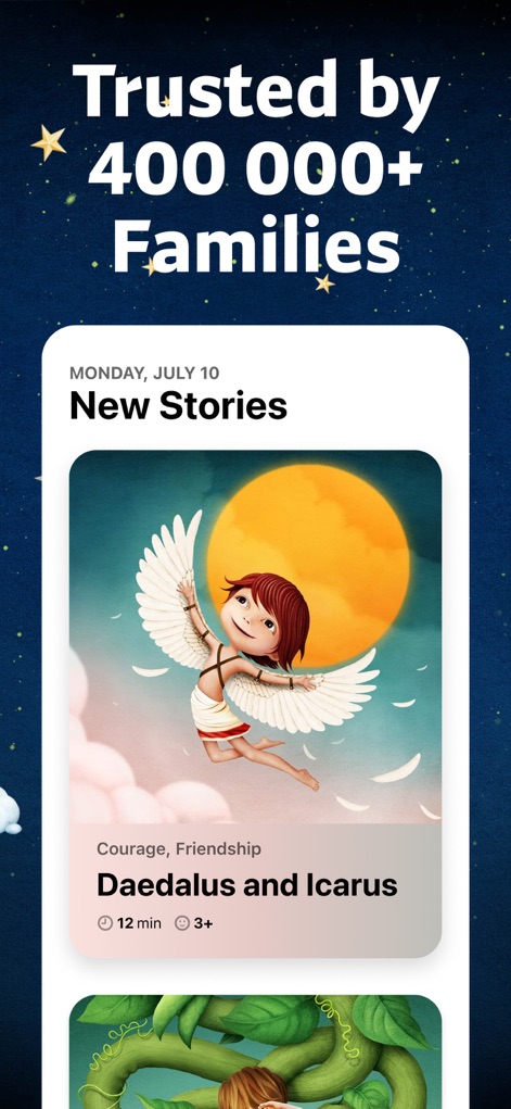 Readmio: Read Aloud Books - Observe the impressive "Trusted by 400 000+ Families" endorsement and the detailed "New Stories" section displaying story duration and age recommendations.