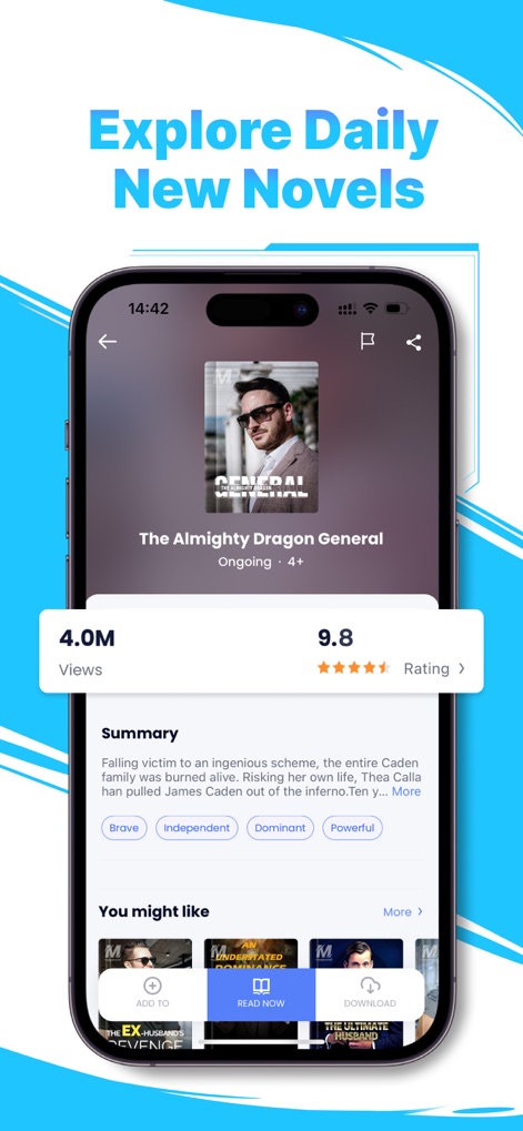 MegaNovel - fiction & webtoon - Dive into potential reads with detailed novel preview pages, featuring comprehensive summary sections and prominent user ratings for informed choices.