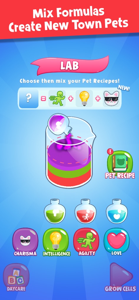 Town Pets - Grow Animals - See how the app's innovative "LAB" interface allows users to combine colorful "potions" to create unique new pets.