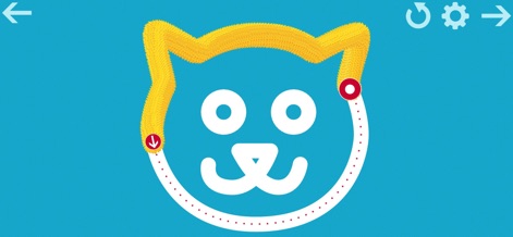 Writing Wizard: Learn to Write - Kinder können lustige Formen, wie dieses katzengesichtähnliche Motiv, mit einer gelben, pelzartigen Textur nachzeichnen, während rote Pfeile den Startpunkt der Bewegung anzeigen.