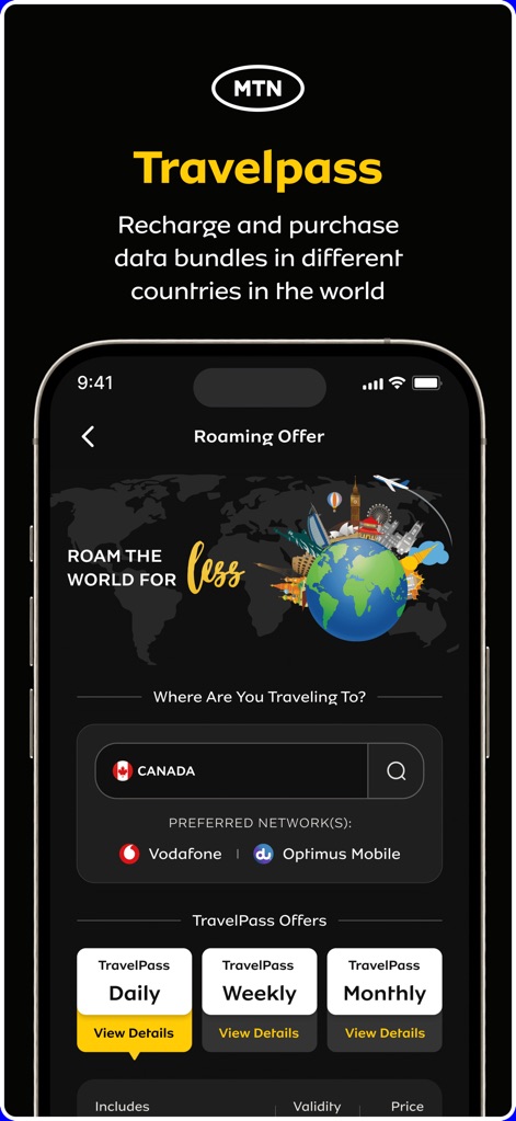 myMTN NG - Explore the dedicated 'Travelpass' section, showcasing an interactive world map for country selection and distinct daily, weekly, and monthly roaming offers.