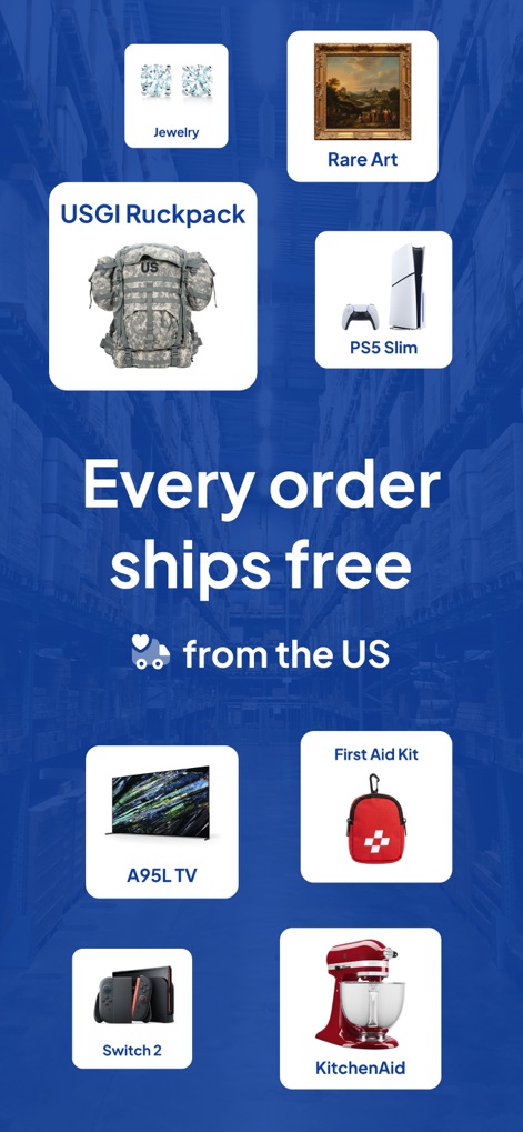 GovAuctions.com - Shop Surplus - This tool highlights the convenience of free shipping for all orders from the US, visually demonstrating a wide selection of desirable items including a PS5 Slim and a KitchenAid mixer.