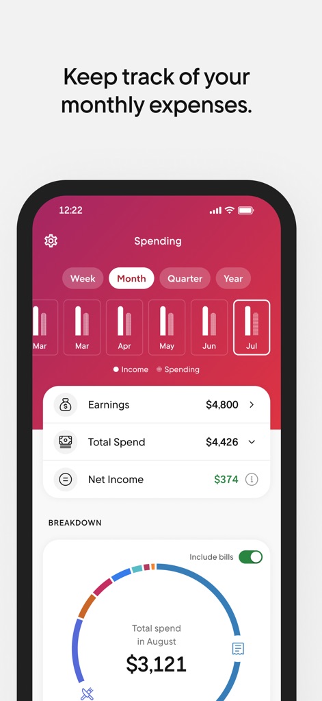 Rocket Money - Bills & Budgets - Users can meticulously track monthly expenses with various time-period tabs and gain insights from the detailed circular chart breaking down spending by category.