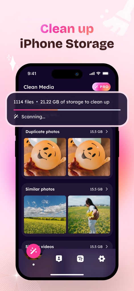 Smart Cleaner: File Tool - 本ツールは、スキャン中に解放可能なストレージ量（21.22 GB）を表示し、重複写真や類似写真、類似ビデオといったメディアファイルをカテゴリ別に整理することで、ユーザーのデバイスを最適化します。