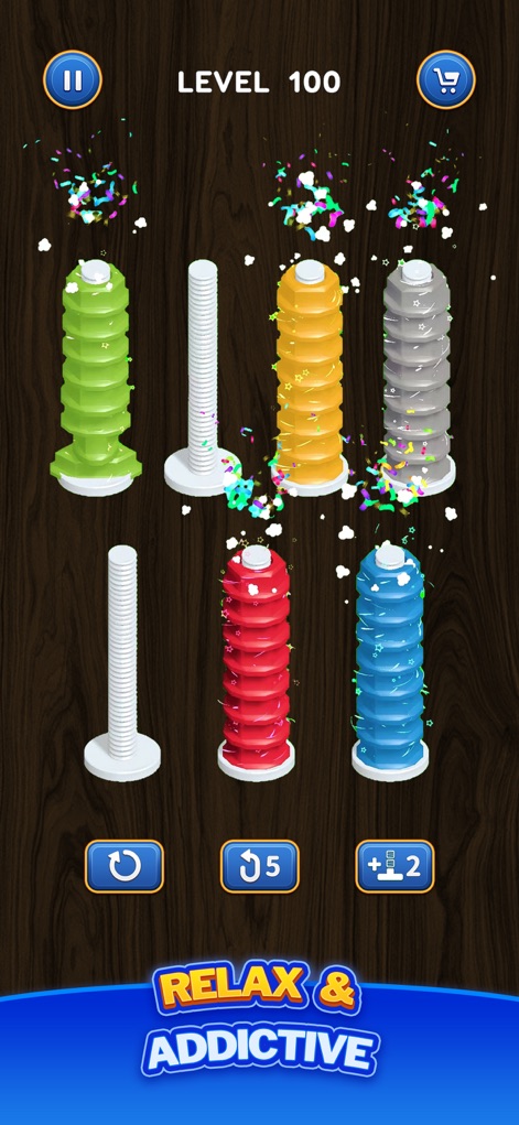 Nut Sort: Color Puzzle Games - Witness the satisfying visual effects like celebratory confetti and the clear progression of successfully sorted bolt sequences.