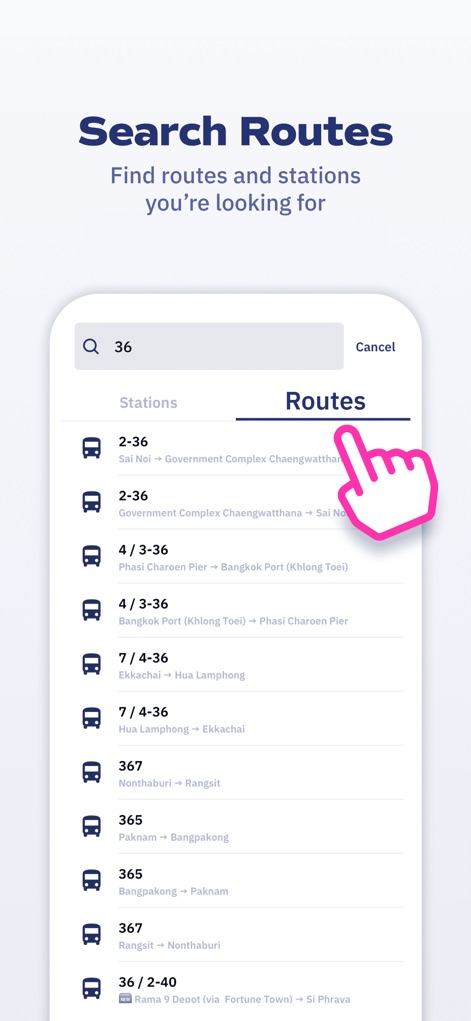 ViaBus - This screen allows users to efficiently find specific public transport routes and offers a convenient toggle between "Stations" and "Routes" for flexible searching.