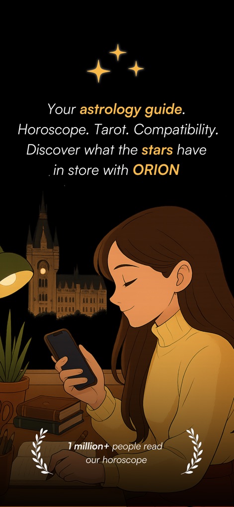 Orion – Horoscope & Tarot - La imagen muestra la pantalla de inicio de la aplicación, destacando el texto principal de bienvenida que invita a los usuarios a explorar su guía astrológica, y la cifra de usuarios que ya leen su horóscopo.