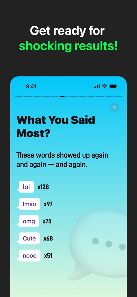 WAMR Backup Message&Dual Chat - アプリは「What You Said Most?」という分析を通じて、ユーザーが頻繁に使用する単語のリストとそれぞれの使用回数（例：「lol x128」）を提供します。