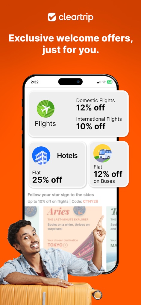 Cleartrip Flights, Hotels, Bus - 사용자는 전용 환영 혜택을 통해 국내선 항공편 12% 할인 및 호텔 25% 할인과 같은 매력적인 절약 기회를 즉시 확인할 수 있습니다.