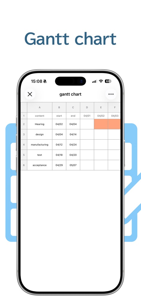 Table Notes Spreadsheet maker - Esta visualização demonstra a capacidade do aplicativo para criar gráficos de Gantt, com itens como "content" e "design" e células coloridas em laranja indicando durações de tarefas.