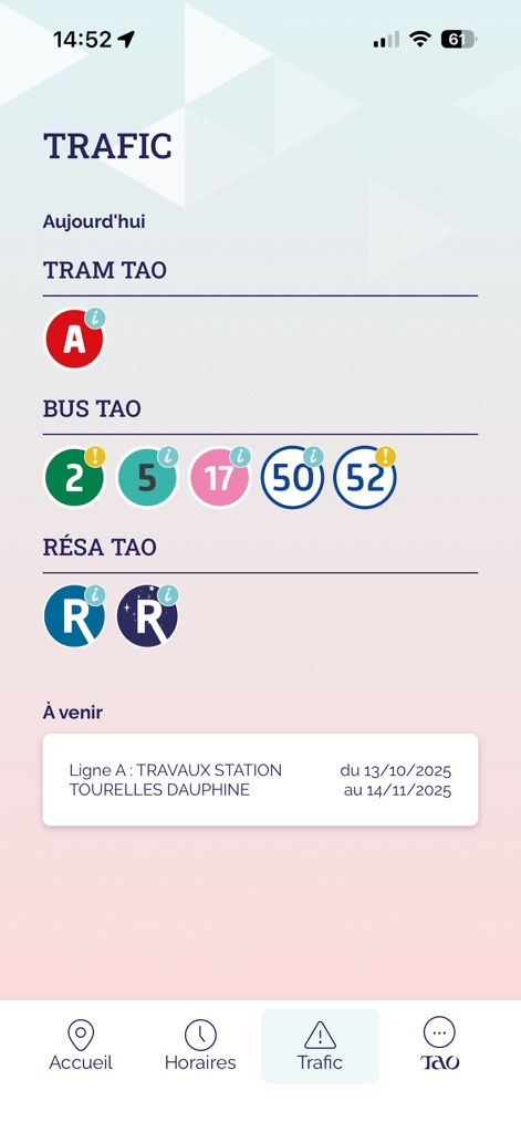 Tao Orléans - Questa sezione informa gli utenti sulle interruzioni del traffico odierne, evidenziando le linee Tram e Bus interessate con icone informative, e mostra avvisi per lavori futuri con date specifiche.