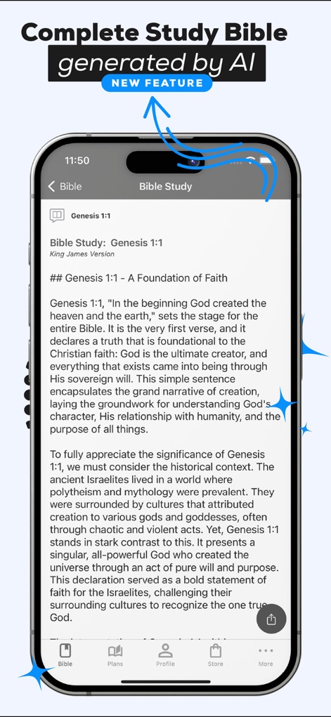 Bible Offline JFA - La aplicación introduce una potente función de estudio bíblico con análisis profundos, como el de Génesis 1:1, generados por inteligencia artificial. Este visible 'NEW FEATURE' y el título 'Complete Study Bible generated by AI' elevan la comprensión de los textos sagrados.