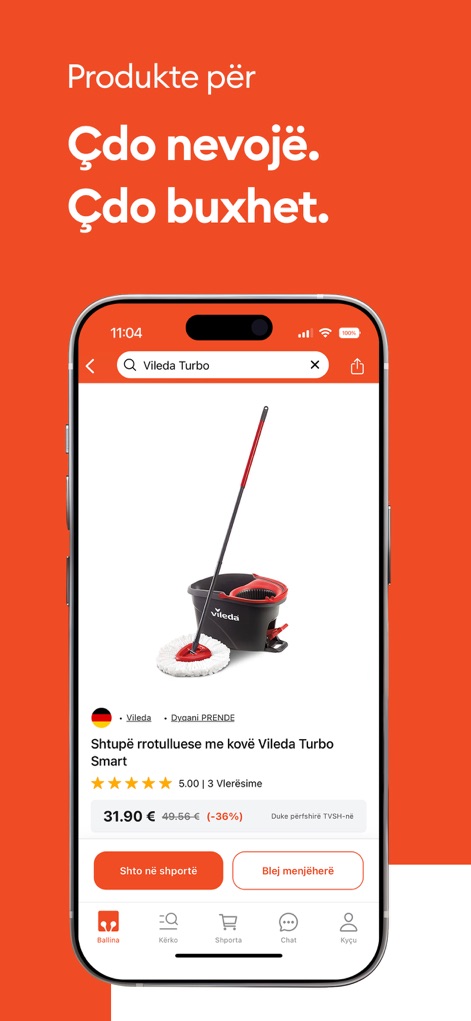 GjirafaMall - This tool presents products with full descriptions, including customer ratings and essential action buttons such as 'Shto në shportë' (Add to cart) and 'Blej menjëherë' (Buy now).