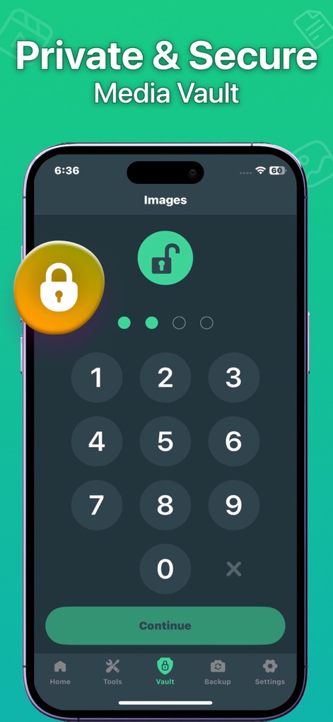 Photo Recovery: Restore Pics - Para maior privacidade, o aplicativo oferece um "Secure Vault" protegido por um teclado numérico e um ícone de cadeado, garantindo a segurança das mídias recuperadas.