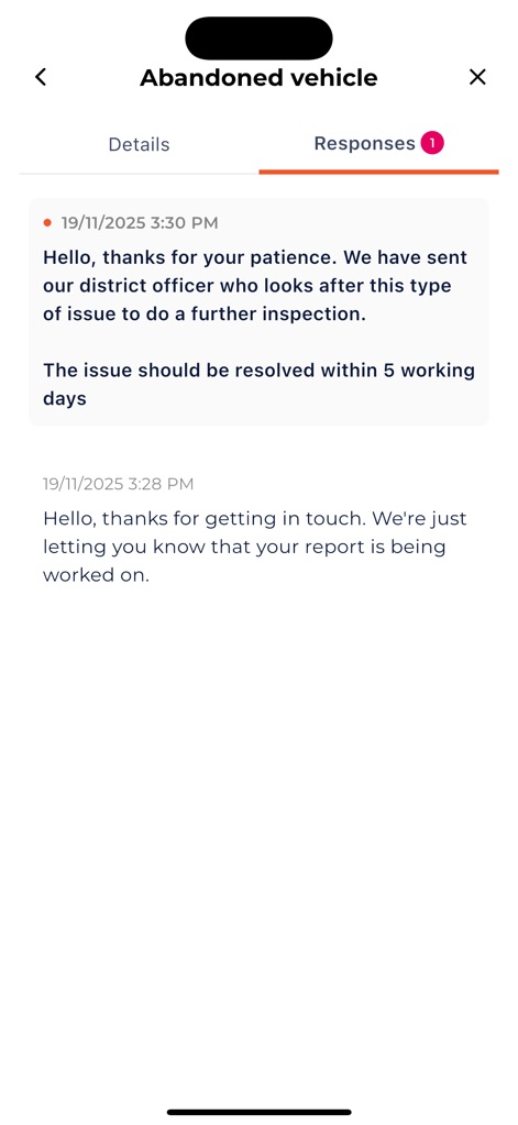 Antenno - This interface facilitates direct communication with authorities regarding reports, showcasing response messages and their corresponding timestamps.