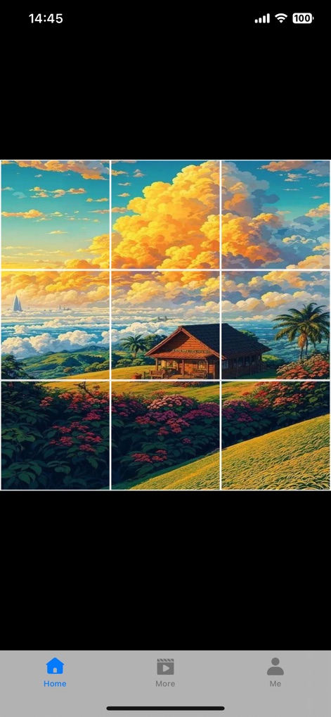 PlayShots - La aplicación presenta un desafío visual con una imagen paisajística dividida en nueve cuadrículas, invitando a los usuarios a un juego de rompecabezas mientras mantiene una barra de navegación inferior clara y accesible.