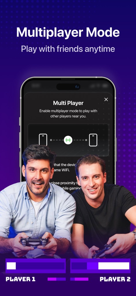 GBA, PSP, DS Game Emulator - O aplicativo permite que os usuários desfrutem de jogos com amigos no modo multijogador, conforme ilustrado pelo pop-up de "Multi Player" que explica a conectividade e os indicadores de "Player 1" e "Player 2".
