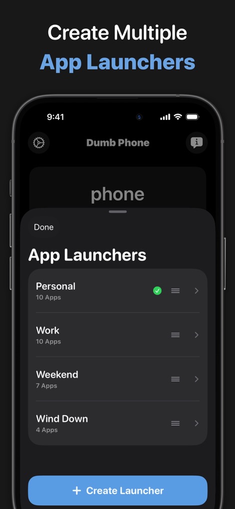 Dumb Phone (dp) - Users manage multiple app launchers for different contexts, easily switching between configurations like "Personal" and "Work" directly from this interface.