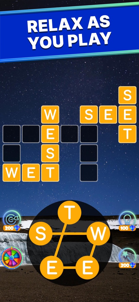 Calming Word Tour - Mientras los usuarios se relajan, resuelven una cuadrícula de palabras en un sereno paisaje nocturno estrellado, disfrutando de la combinación de desafío y tranquilidad.