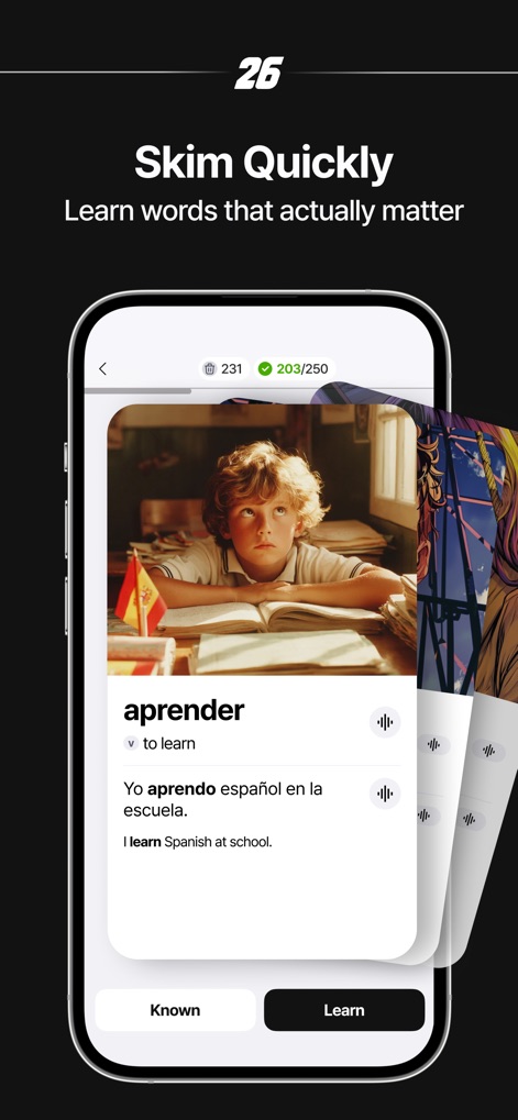 26s: Visual Spanish Vocabulary - L'interface de l'application propose une carte d'apprentissage affichant le mot "aprender" avec sa traduction, et des icônes de forme d'onde audio pour une assimilation rapide et multimodale du vocabulaire.