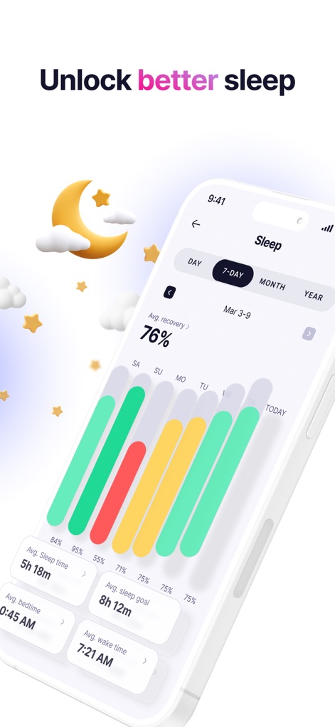 Elfie - Health & Rewards - Esta herramienta ayuda a mejorar el sueño con una "vista semanal" del descanso y métricas claras como el "tiempo promedio de sueño" y la recuperación.